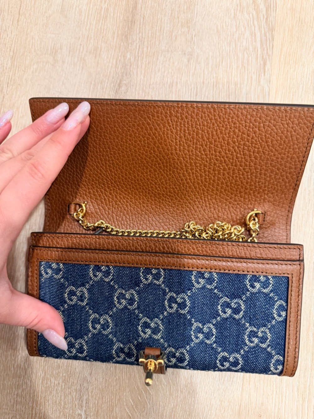 Gucci Blue Denim GG Monogram Continental Wallet with Brown Trim - Picture 5 of 7